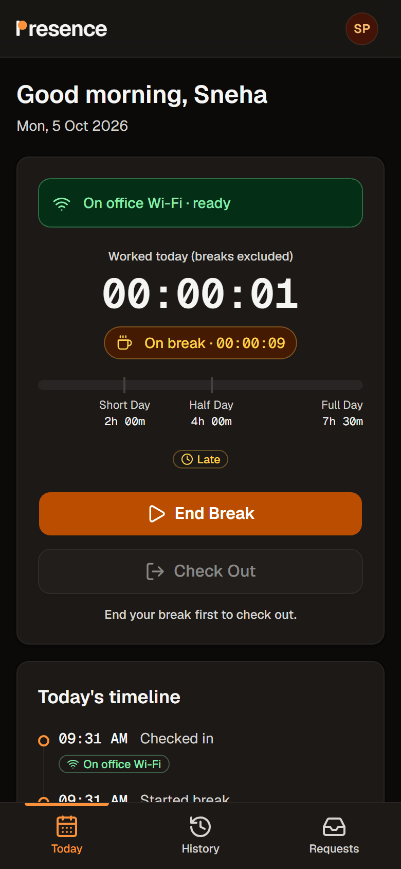 Employee: the real Presence Today screen on a break, with the worked-hours bar, the Late flag and the day’s timeline.